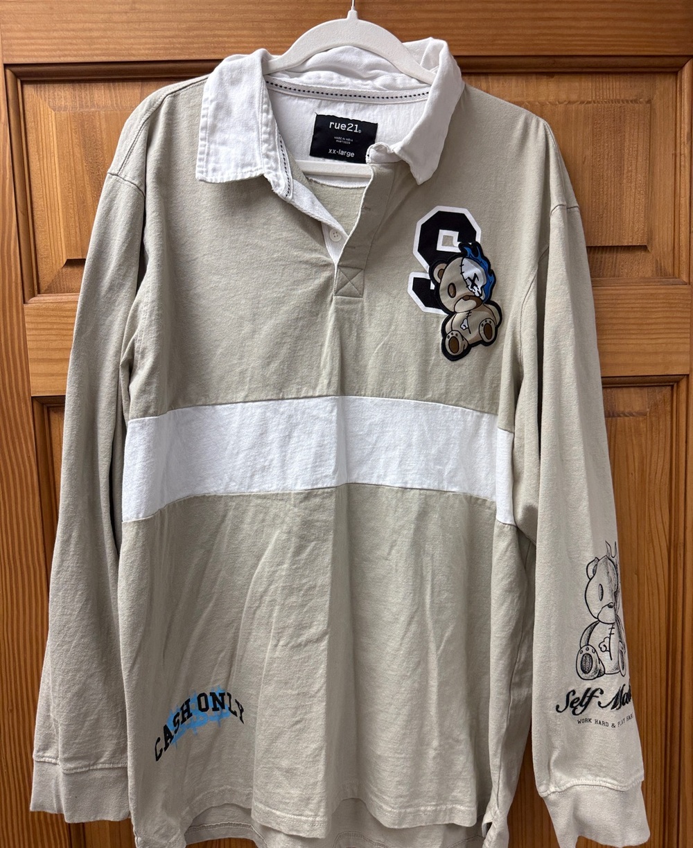 Rue21 Beige and White Rugby-Style Long Sleeve Shirt with Bear Patch